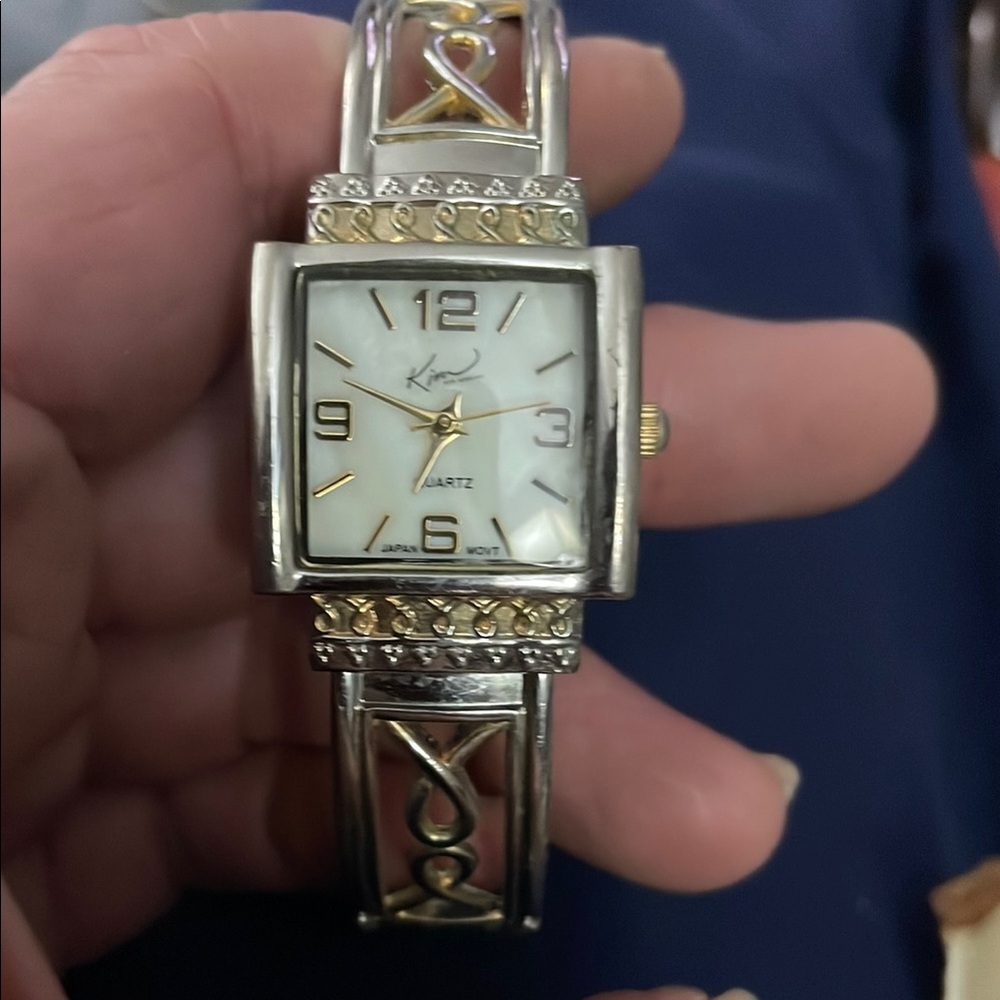Gold Square Watch with Metallic Band and Decorative Crystals